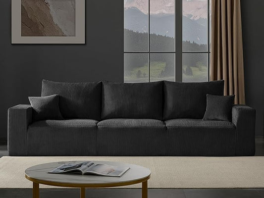 Boneless Cloud Couch Sofa for Living Room, 112" 3 Seater Black Modern Lounge Sleeper Couch, No Assemble, Cordury Compression Upholstered Couches