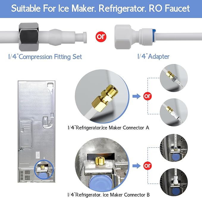 32.8ft Refrigerator Water Line Kit, 1/4 Compression Ice Maker Installation Kit, 1/4" OD Water Line Kit with Quick Connect and Feed Water Adapter Fittings for RO System Water Filter Fridge Ice Maker
