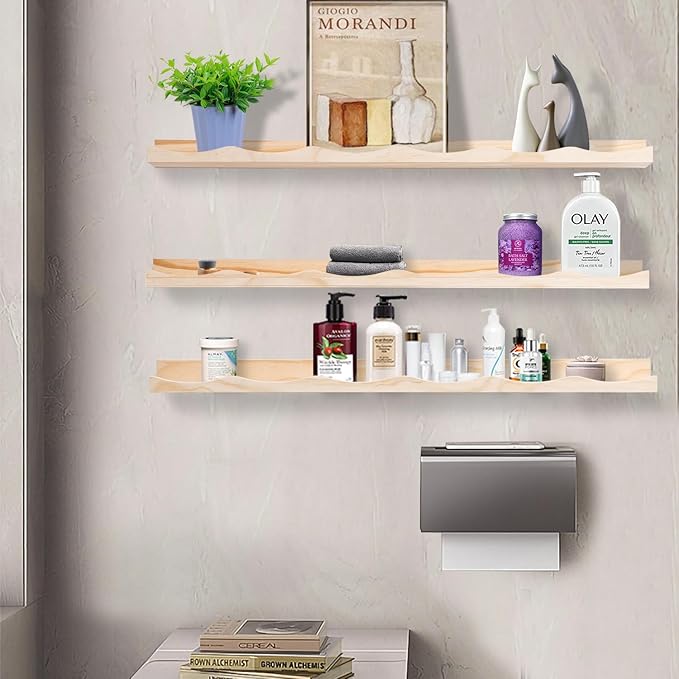 AZSKY Picture Ledge Shelf, 36 Inch Floating Shelves with Lip, Picture Shelves for Wall with Ledge(Natural Wood)