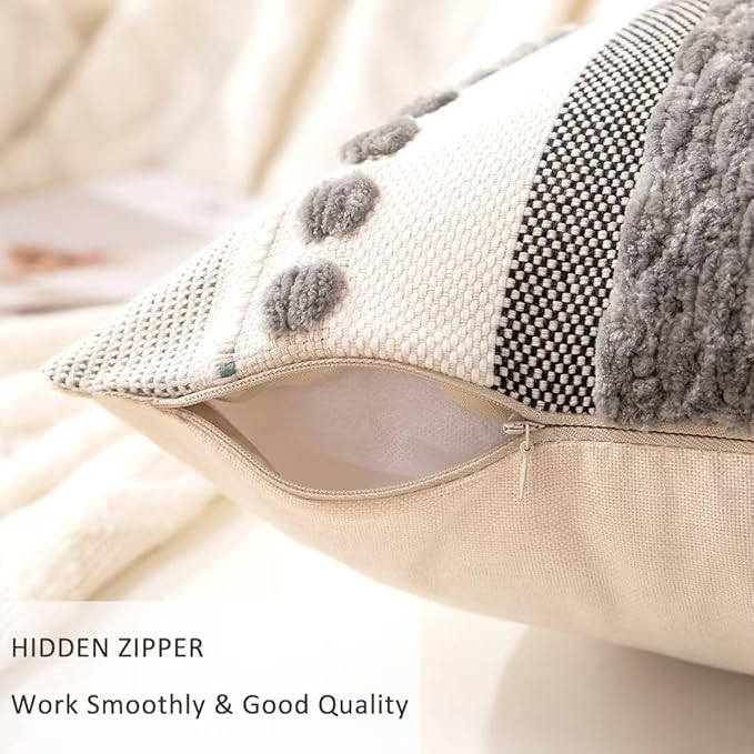 Boho Throw Pillow Covers 18x18 Set of 2 Farmhouse Decorative Cushion Case Striped Square Pillows Cover Chenille Pillow Cases Accent Neutral Pillowcase for Sofa Couch Bed,Gray