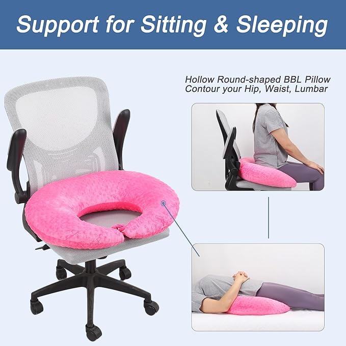 BBL Pillow After Surgery, BBL Pillow for Sitting Sleeping Driving, Hemorrhoid Pillow Seat Support Cushio for Butt with Hole, Butt Donut Pillow for Woman (Rose Red)