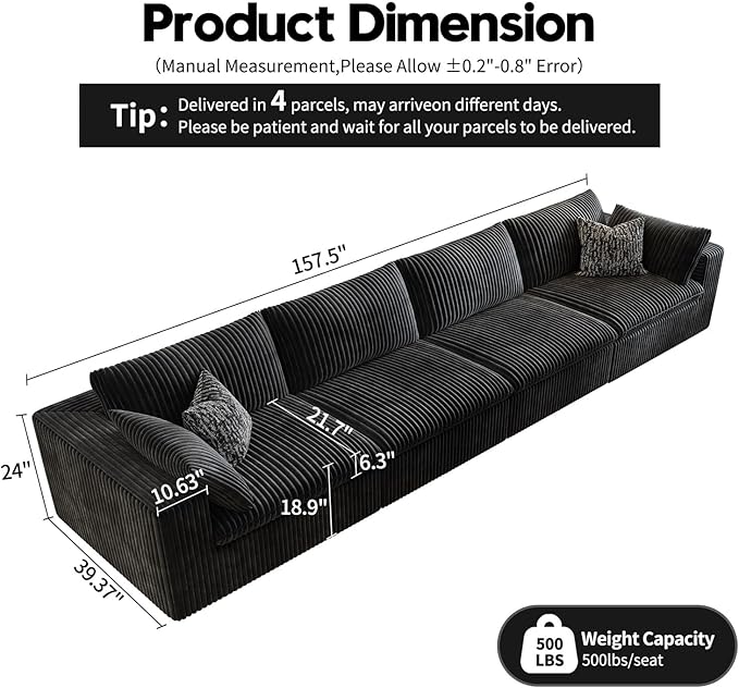157.5" Cloud Couch Modular Sectional Sofa for Living Room,Modern Sofa with Deep Seat，4 Seater Boneless Couch,Comfy Upholstered Corduroy Couches for Apartment, Studio, Office,Bedroom，Black
