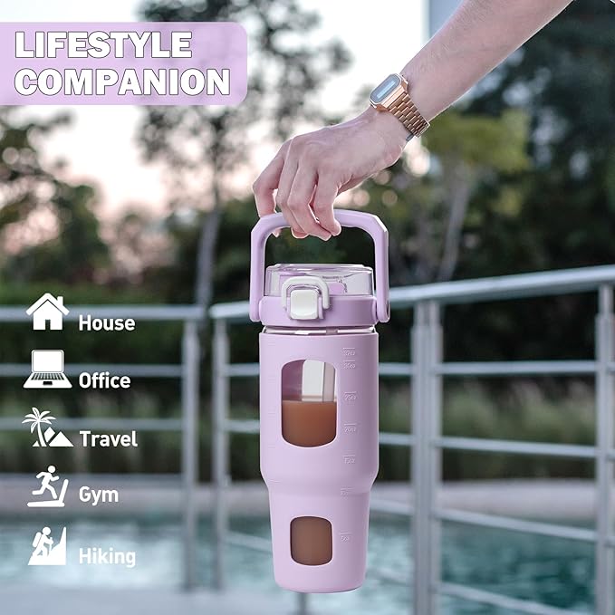 BLUEGO 32oz Glass Water Bottle with Handle and Straw|Leakproof Sports Glass Bottle with Time Marker and Silicone Sleeve|Glass Drinking Bottle for Travel, Gym, Workout, Purple