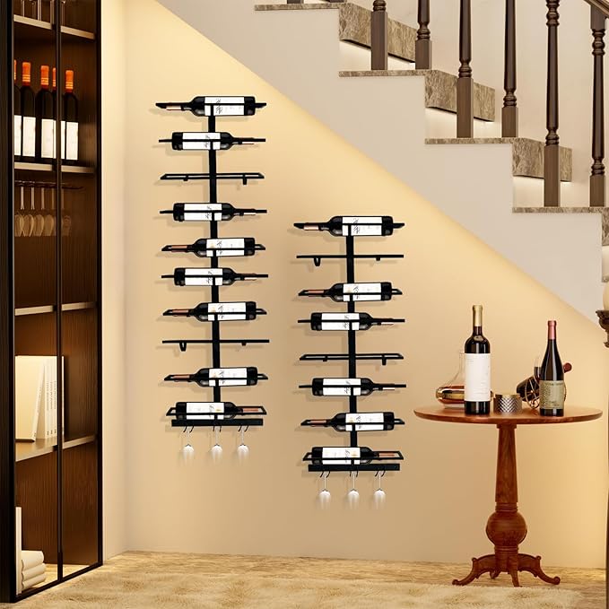 16 Bottle Wall Mount Wine Rack with Wine Glass Holder, Metal Wine Wall Rack, Wall Racks for Wine Bottles Display and Storage, Hanging Bottle Organizer for Living Dining Room Wine Cellar Bar (Black)
