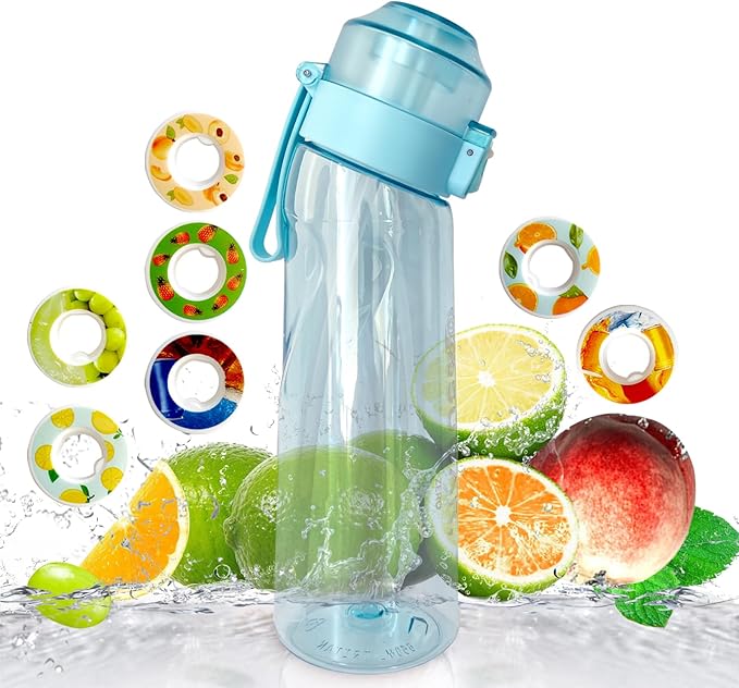 650ML Tritan Plastic Water Bottle, Leak Proof Sports Bottle with Straw, Includes 7 Flavor Pods, for Outdoor Sports, Hiking, Camping, Backpacking (Blue)