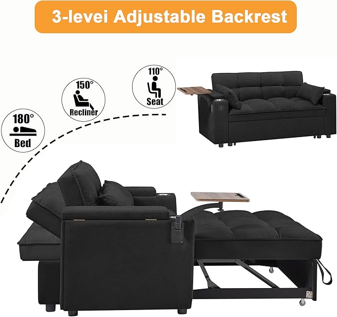 66" Multi-Functional Pull-Out Sofa Bed with Hidden Side Table, Storage Armrests, Built-in Charging Port, Spring Mattress, Solid Wood Frame – Ideal for Small Spaces, Easy Assembly