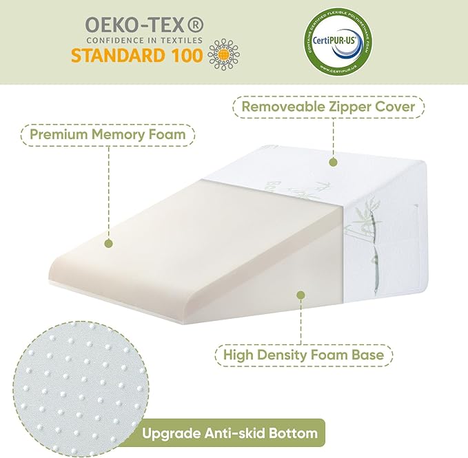 Bed Wedge Pillow with Memory Foam Top 12" Triangle Wedge Pillow for Sleeping Acid Reflux After Surgery Heartburn Snore Back Leg Knee Pain, Soft & Comfortable, Breathable & Durable Cover - Beige