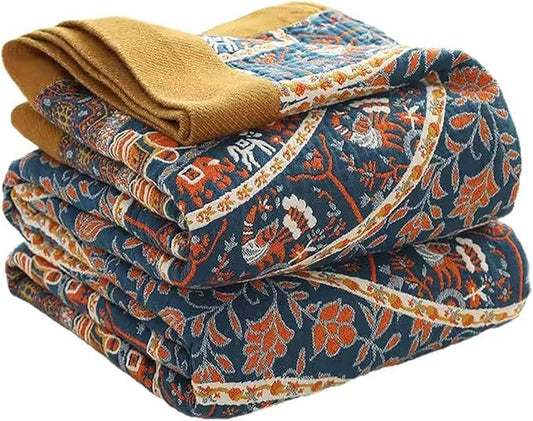 Boho Muslin Blanket for Adults 4-Layer Gauze Twin Size Soft Cozy 100% Cotton Summer Cooling Blanket Wheel Floral Decor for Sofa Bed Coverlet Both Sides (A Luck Wheel, Twin 60 x 80 in)