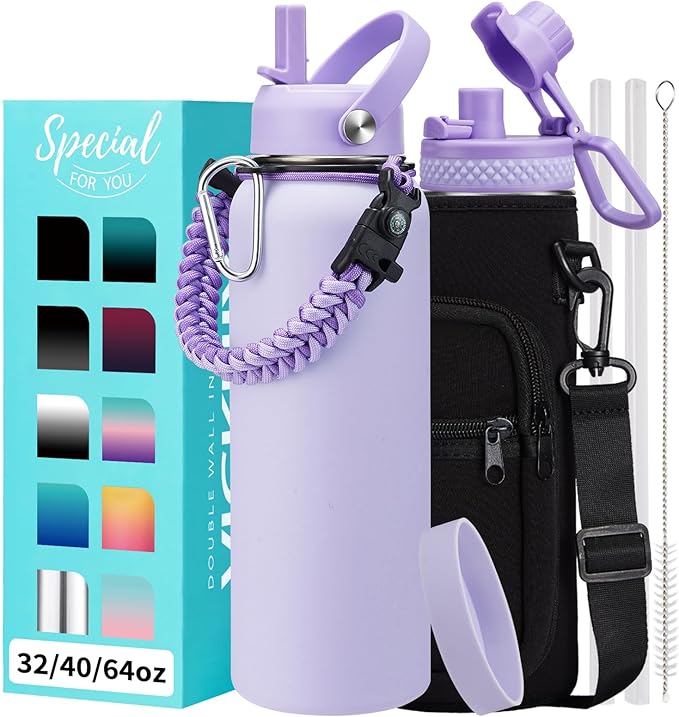 40 oz Water Bottle with Straw Spout Lids - Cold 48H Hot 24H Insulated Water Bottle Carrying Sleeve with Strap Handle, Bottom Boot, Leak-Proof Stainless Steel Thermal Flask for Women, Lilac Purple