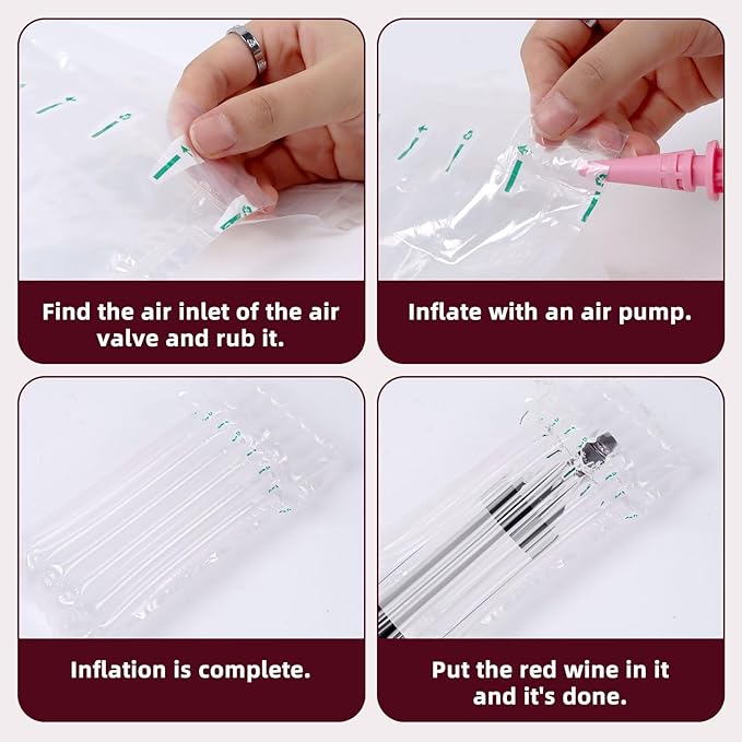 100 Pcs Wine Bottle Protector Travel Bags, Inflatable Air Column Packaging Cushioned Bubble Bag, Wine Shipping Sleeves Wrap Pouches with Reusable Inflator Pump