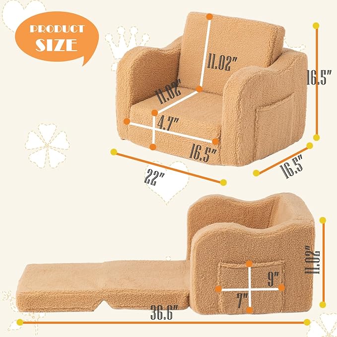 Baby Toddler Sofa Couch for Kids Foldable 2-in-1 Sherpa Fold Out Couch Bed for Playroom, Pull Out Children Convertible Sofa to Lounger Sleeper Chair for Boys & Girls with Double Pockets - Dark Camel
