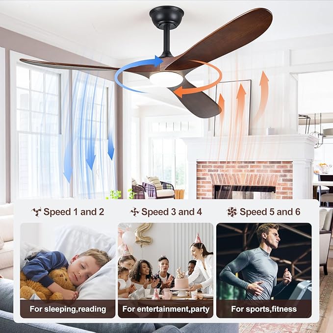 60" Ceiling Fans with Lights, 60 inch Ceiling Fan with Lights, High cfm Quiet 3 Blade Wood Walnut Ceiling Fan, Large Modern Ceiling Fan with Remote, Propeller Fans for Patios,Dark Walnut