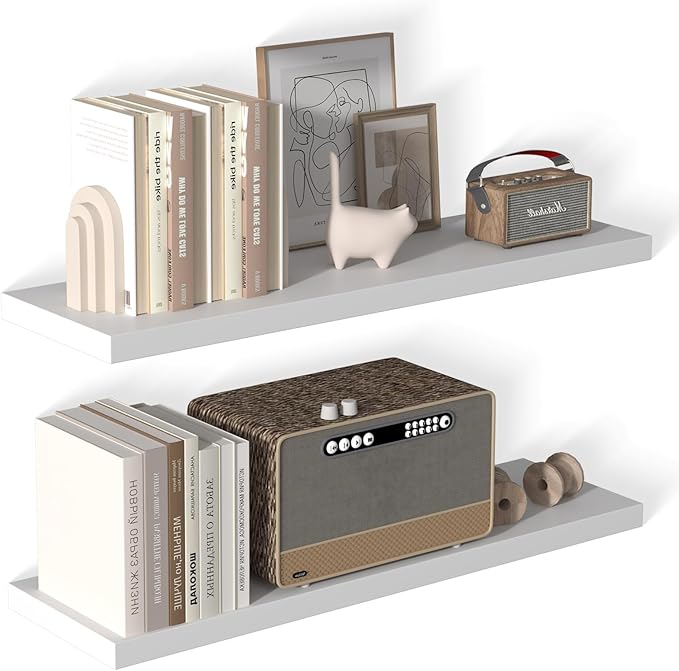 40 Inch Floating Shelf 2 Pack Large Floating Shelves for Wall No Drilling Accessories Included Deep Wall Shelves for Living Room Kitchen Farmhouse 40" W x 12" D x 1.2" White