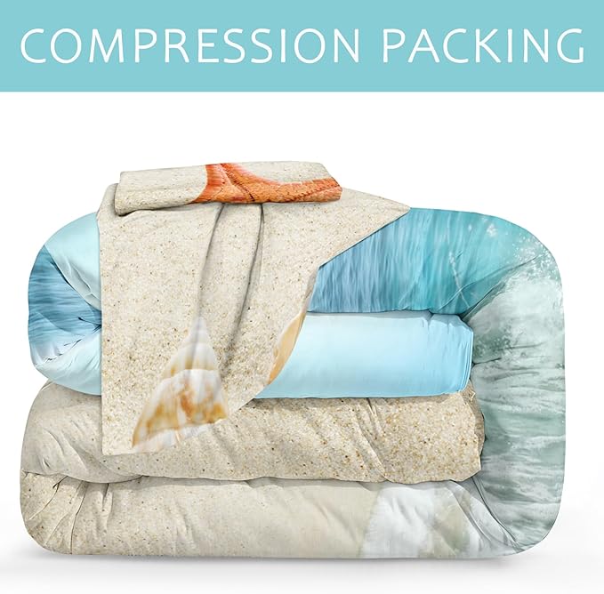 Bedbay Coastal Bedding King Size Beach Comforter Set Boys Girls Beach Room Decor Starfish Seashore Beach Quilt Set 4 Pcs Beachy Duvet Insert Soft Down Comforter for All Seasons(Conch,King)