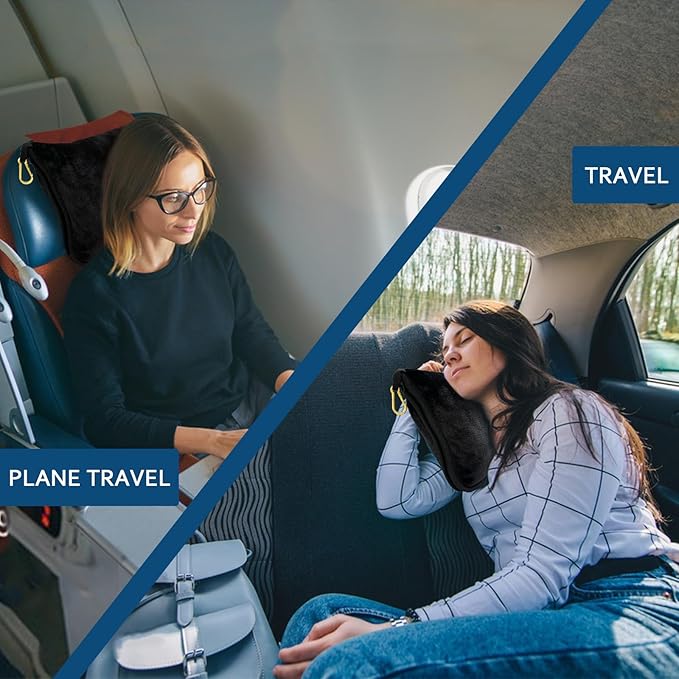 Bnuitland Travel Blanket and Pillow 2 in 1, Soft Flannel Airplane Blanket in Bag Compact-Long Flight Essential for Adults and Kids, Portable Luggage Sleeve and Backpack Clip, 65×40 inch Black