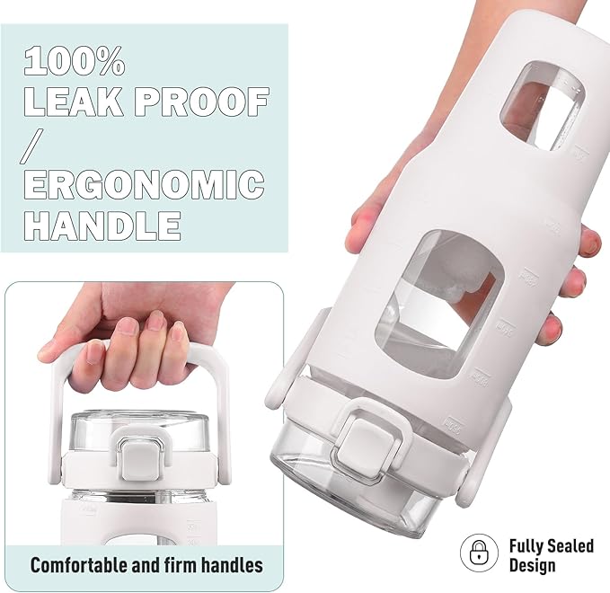 BLUEGO 32oz Glass Water Bottle with Handle and Straw|Leakproof Sports Glass Bottle with Time Marker and Silicone Sleeve|Glass Drinking Bottle for Travel, Gym, Workout, White