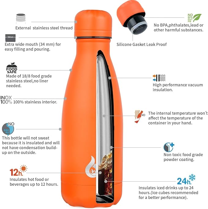 BJPKPK Water Bottle 12oz Stainless Steel Water Bottles Insulated Metal Water Bottle For Travel,Orange