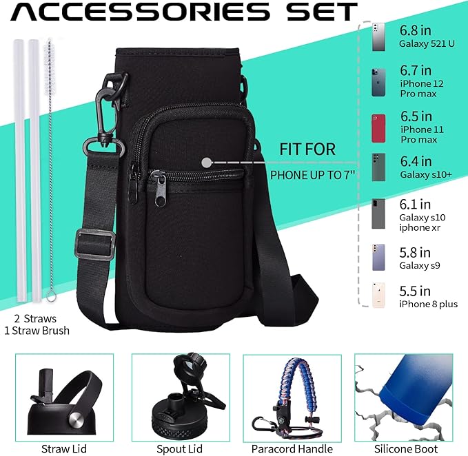 40oz Insulated Water Bottle with Straw, Paracord Handle & Carrier Bag, Wide Mouth Vacuum Insulated Hydro Bottle, Stainless Steel Thermo Flask Bottle for Sports Office School, Cold 48Hrs & Hot 24Hrs