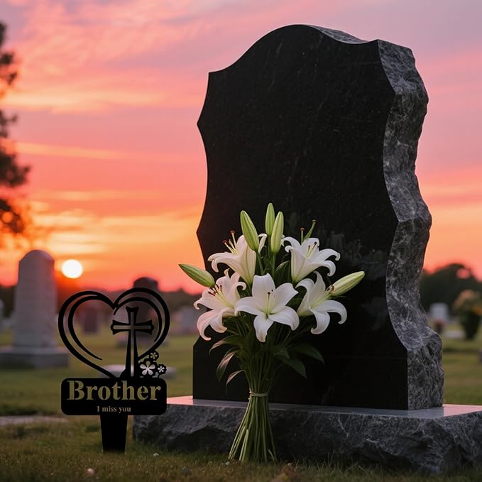 Brother Memorial Grave Stake, Cemetery Decorations for Grave Markers 12.5 x 7.2 inch Heart Metal Sympathy Stakes Graveside Plaque Decor Sign for Brother Graves, Yard, Garden - Black-Brother