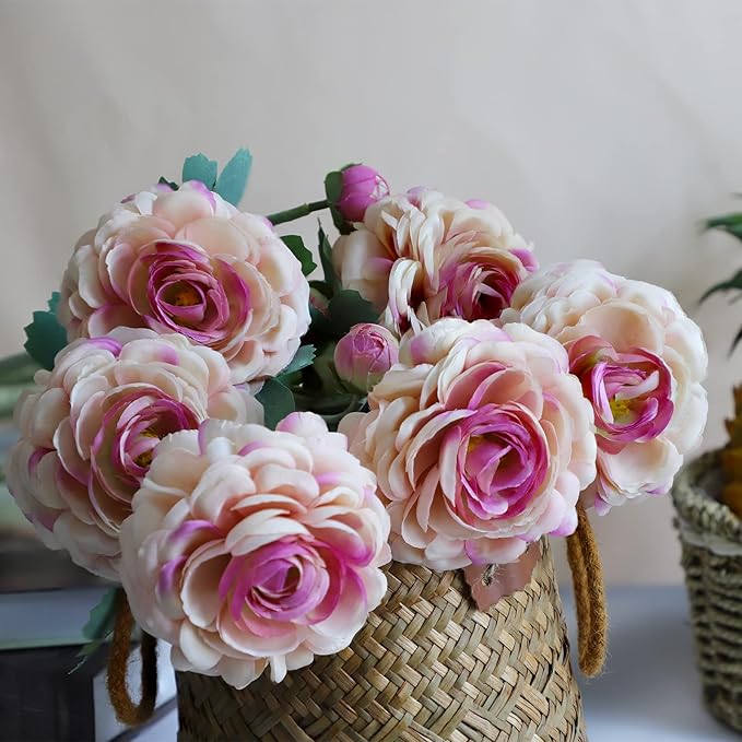 Artificial Ranunculus Flowers 23 Inch Long Stem - 6 Pack Silk Buttercup Stems for Wedding Bouquets, Centerpieces,Home Decor - Realistic Deep Pink Faux Floral Arrangements (Deep Pink)