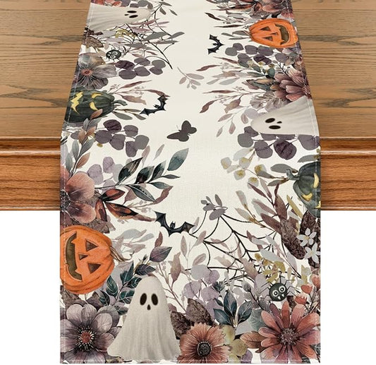 Artoid Mode Jack-O'-Lantern Pumpkin Floral Ghost Halloween Table Runner, Eucalyptus Kitchen Dining Table Decoration for Home Party Decor 13x72 Inch