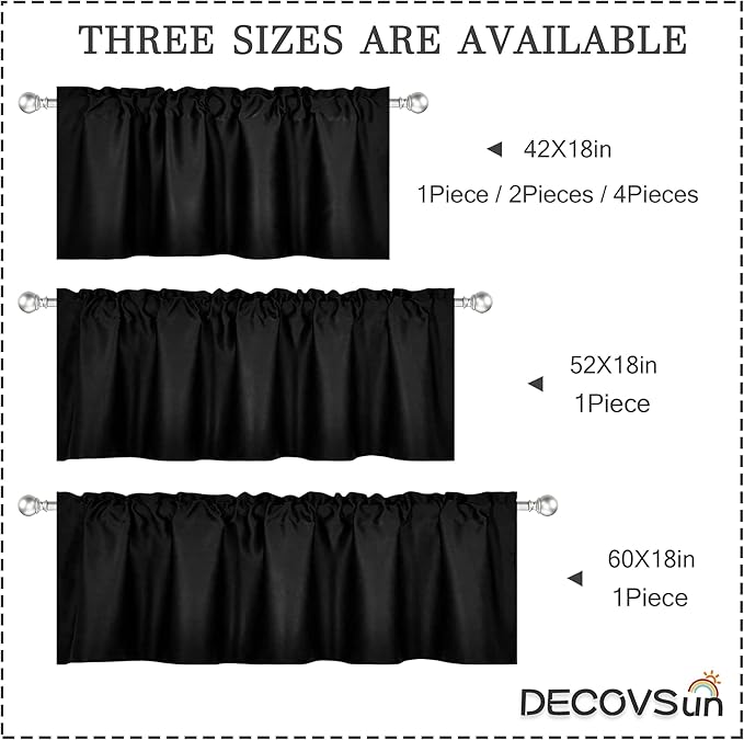 Black Valance for Windows 42x18 Inch Solid Thermal Insulated Blackout Rod Pocket Kitchen Short Curtain Toppers Valance for Bathroom Living Room 1 Panel