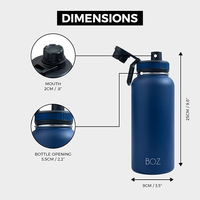 BOZ Stainless Steel Water Bottles 2 Pack Bundle - Blue Water Bottle + Black Water Bottle - Vaccum Insulated Water Bottles 32 Oz - Wide Mouth BPA Free Sport Water Bottles for Gym with Spout Lid