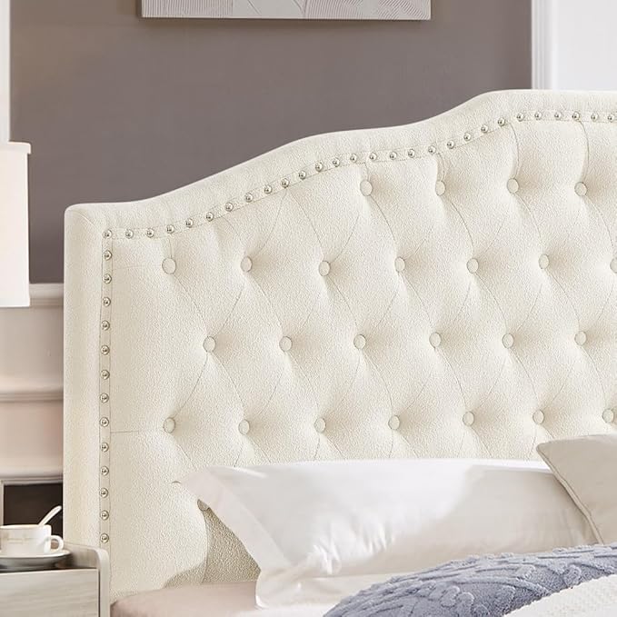24KF Upholstered Button Tufted King Size Headboard with Nailhead Trim, Elegant Boucle Fabric California King headboard, 6031-K-Boucle-Ivory