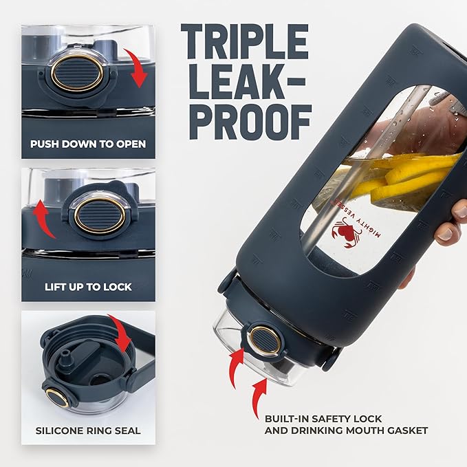 64oz Glass Water Bottle | Blue Water Bottle with Straw & Time Marker | Half Gallon Water Bottle with Measurements & Silicone Sleeve | Suitable for Travel, Gym, Sports & Daily Intake