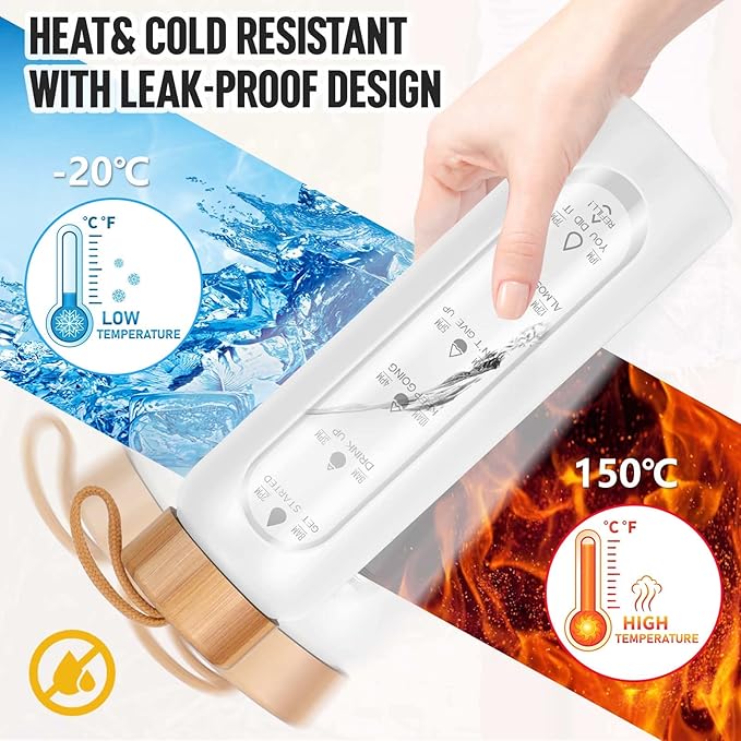 Aqulea Glass Water Bottles 32 Oz with Silicone Sleeve - BPA Free Reusable Wide Mouth Glass Motivational Water Bottles with Fruit Infuser – Leak Proof Borosilicate Water Bottle with Time Marker (White)