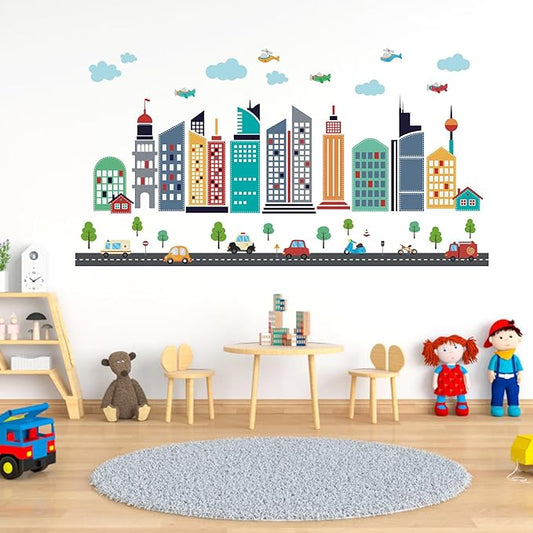 49pcs Cars City Wall Decals Removable Sticker for Kids Cartoon Cloud Skyscraper Construction Wall Stickers Airplane Kids Wall Decor Children's Day Gift Wallpapers for Nursery Classroom Playroom
