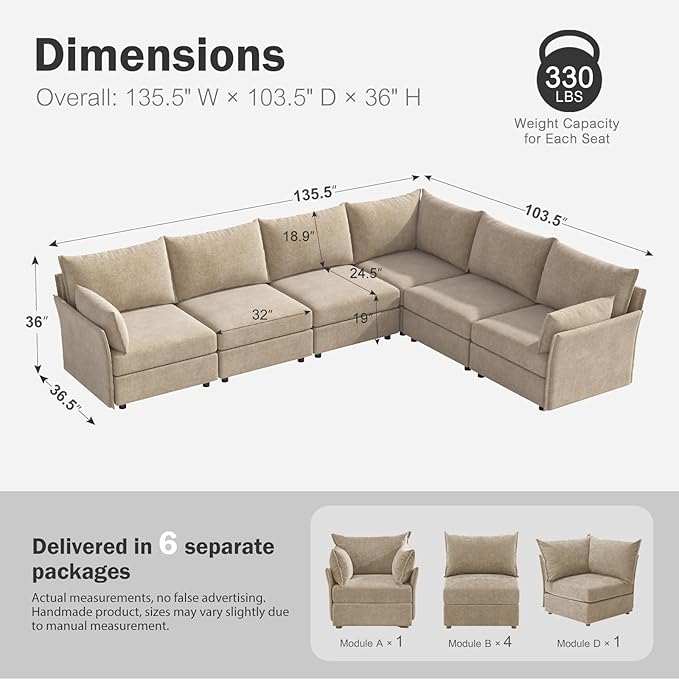 135.5" Oversized Modular Sectional Sofa, L Shaped Convertible Couch with Movable Ottoman, Large 6 Seat Corner Couches for Living Room Deep Seat Beige Chenille