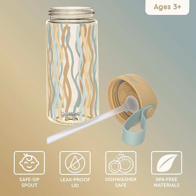 Bentgo Kids Water Bottle (Whimsy & Wonder Collection) - Leak-Proof Durable Tritan 15 oz. Cup for Kids/Toddlers 3+; Flip-Up Safe-Sip Straw for School, Sports, Daycare, Camp & More (Wavy)
