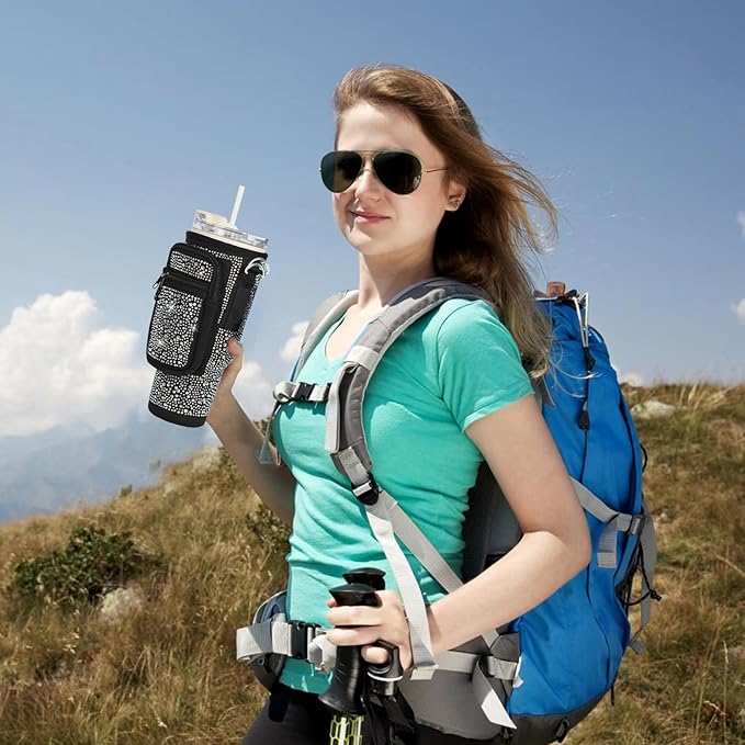 Bling Water Bottle Carrier Bag with Phone Pocket,Water Bottle Holder Bag for Stanley Cup Accessories,Cup Holder with Adjustable Shoulder Strap with Stanley 40 & 30 oz Tumbler,Black