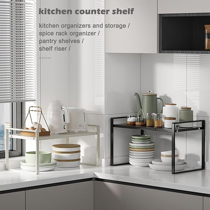 3 Pack Expandable Cabinet Shelf Organizer Kitchen Shelf Riser Stackable Pantry Shelves Kitchen Organizers and Storage Metal Spice Rack Countertop Organizer Cupboard Adjustable Shelfs Desk Rack Shelf