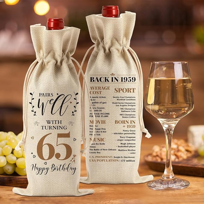 65th Birthday Gifts for Women Men, Vintage 65th Birthday Decorations, Gifts for 65 Year Old Mom Dad Wife Grandparents Friends Sister, Happy 1959 65th Anniversary Wine Bag?Wine Gifts Wine Gift Bag