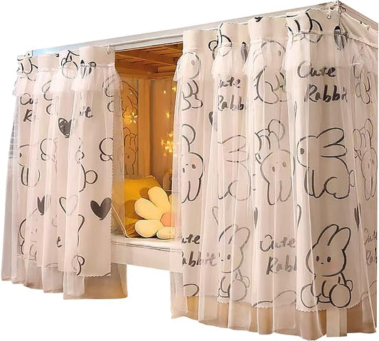 Beautiful Gauze Bunk Bed Curtains Drapes with Lace Privacy Bed Canopy for Bottom, 2 Panels, Rabbit