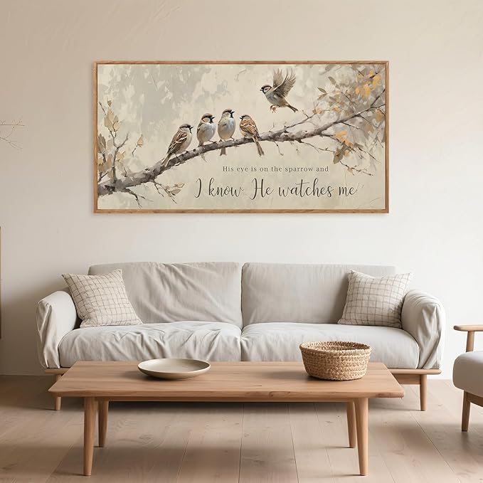 Aurlan His Eye is on the Sparrow Christian Wall Art Framed(40"x20"), Vintage Neutral Birds on Tree Branch Nature Canvas Artwork, Religious Faith Gift Bible Verse Scripture Print Decor for Home Office Bedroom