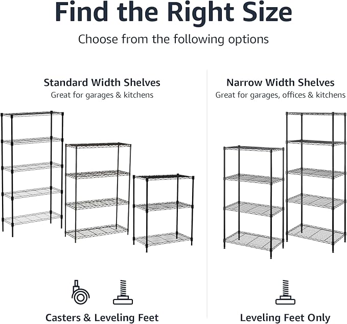 Amazon Basics 5-Shelf Multipurpose Adjustable Sturdy Steel Storage Shelving Unit, Easy Assembly, 13.4" D x 23.2"W x 60"H, Black