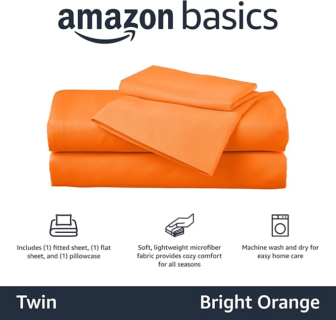 Amazon Basics Kid's Soft Easy-Wash Lightweight Microfiber 3-Piece Sheet Set, Twin, Bright Orange, Solid