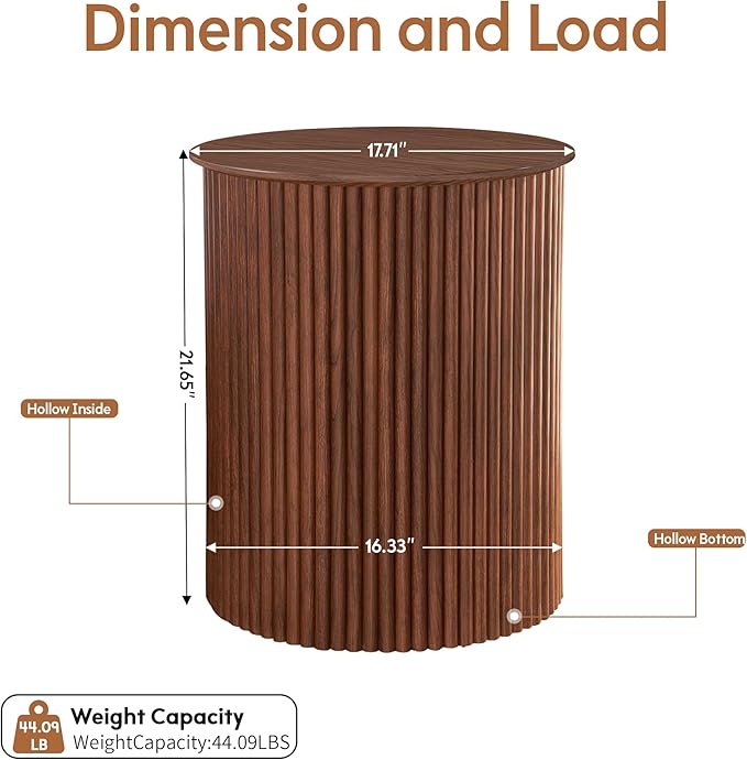 AVZEAR Small Round Side Table Fluted Night Stand Set of 2, 17.7" Mid Century Modern End Table, Circle Bedside Tables Wood Nightstands for Small Spaces, Living Room, Bedroom (Rustic Walnut)