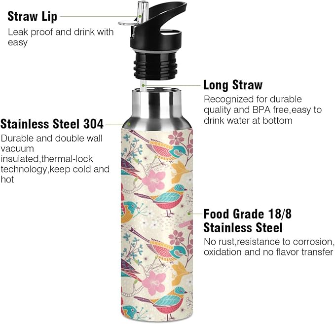 ALAZA Floral Birds Print Water Bottle With Straw Lids Boys Girls,Vacuum Insulated Leakproof Stainless-Steel Sports Bottle Thermal Flask For Gym Yoga Camping,34Oz (1000Ml)