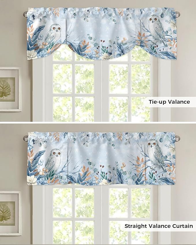 Blue Christmas Blackout Tie Up Valance Curtains for Kitchen Windows Winter Snowy Owl Poinsettia Eucalyptus Leaves Window Toppers Balloon Shades for Living Room/Bathroom/Bedroom,1 Panel, 54" X 18",