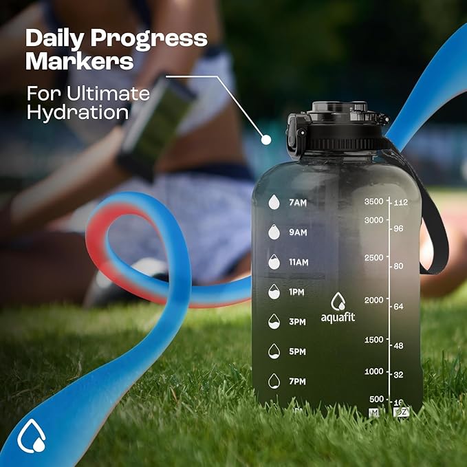 AQUAFIT 1 Gallon Water Bottle with Time Marker - BPA Free 128 oz Water Bottle with Straw, Gym Water Bottle with Handle, 1 Gallon Water Jug, Big Water Bottle, Large Water Bottle (Serenity)