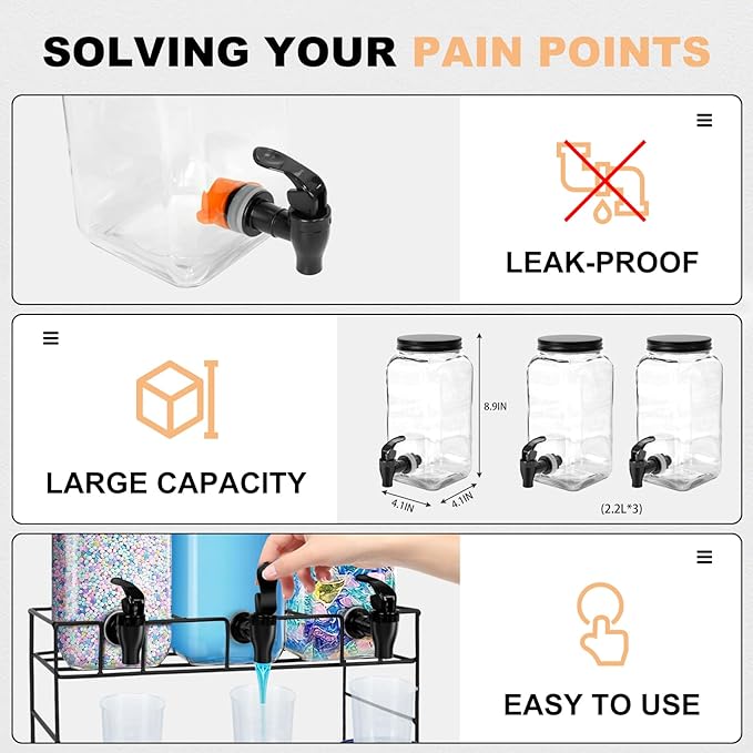 3-Pack 2.2L Glass Laundry Detergent Dispenser Set with Stand - Premium Liquid Soap Dispenser with PP Spigots, Measuring Cups, and Chalkboard Labels for Laundry Room Organization and Storage