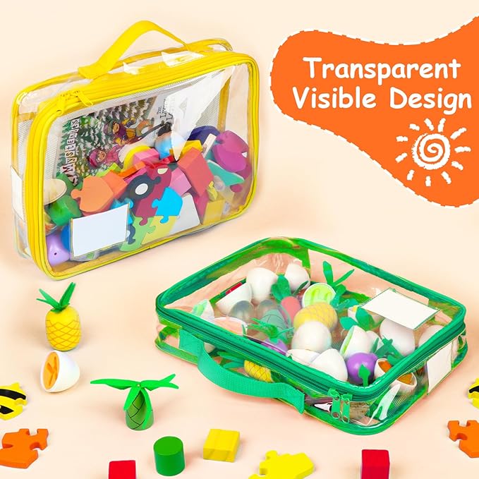 4 Pack Toy Storage Organizer Bag for Lego Bricks, Clear PVC Zippered Blocks Set with Manual Pocket& Name Tag, Waterproof Toy Carrying Case for Board Games& Building Blocks (Large, Colorful)