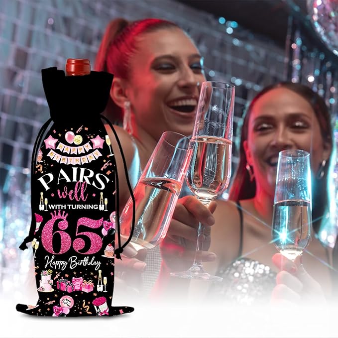 65th Birthday Gifts for Women Men Wine Bag, 65 Year Old Birthday Gifts for Women, 65th Birthday Party Decorations for Women Men, Pairs Well with Turning 65 Wine Bags (Black Pink)