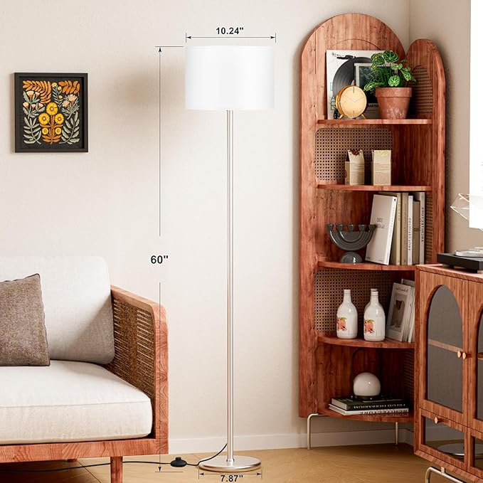 Ambimall 60'' Modern Floor Lamp with Shade, Tall Lamps for Living Room, Bedroom, Office, Dining Room, White Shade with Silver Pole(Without Bulb)