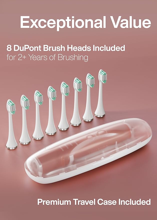 Aquasonic Vibe Series Ultra-Whitening Toothbrush – ADA Accepted Electric Toothbrush - 8 Brush Heads & Travel Case – 40,000 VPM Motor & Wireless Charging - 4 Modes w Smart Timer – Satin Rose Gold