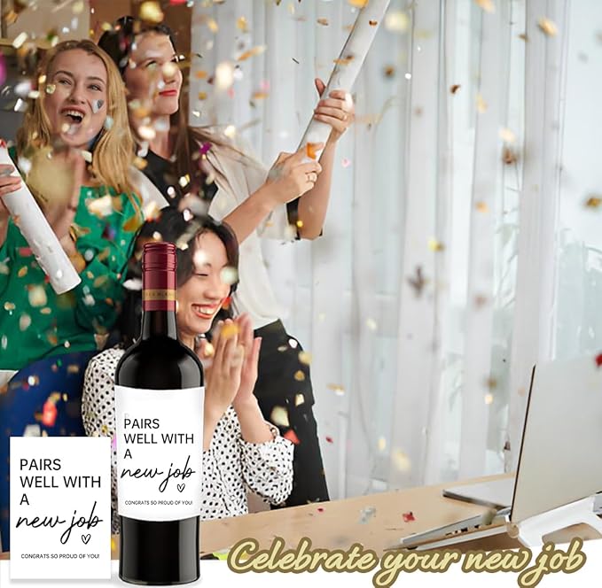 24Pcs New Job Wine Labels, New Job Gifts for Women Men, Promotion Goodbye Farewell Leaving Job Gifts for Coworkers Women, Pairs Well with A New Job Wine Bottle Stickers Labels